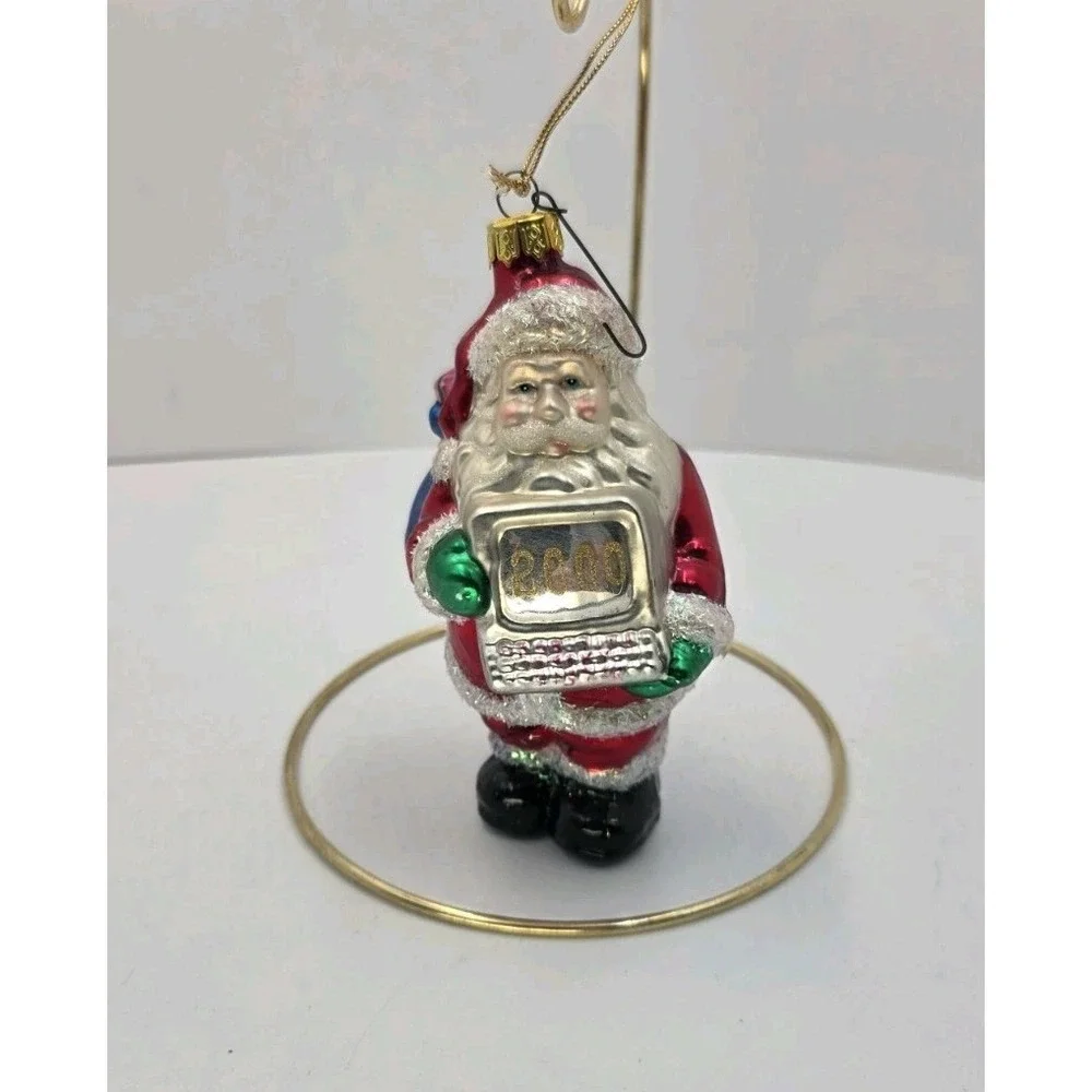 Slavic Treasures 2000 Santa Computer Glass Christmas Ornament Y2K Glitter Retro